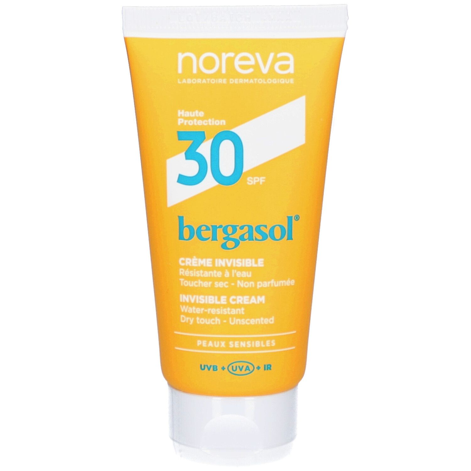 Tube jaune de crème solaire. Inscriptions : Noreva, SPF 30, bergasol, Crème Invisible. Résistant à l'eau, toucher sec.