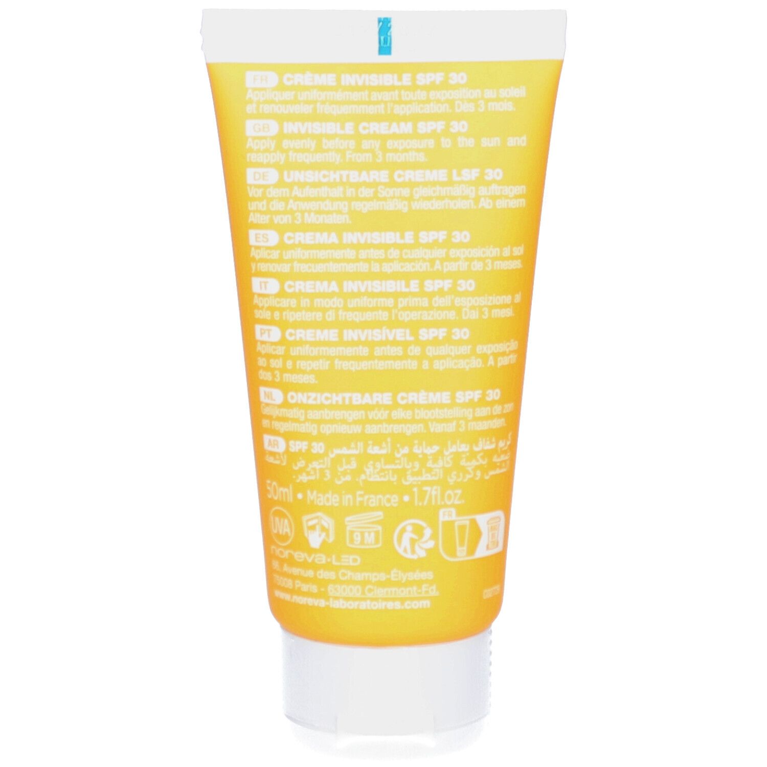 Dos d'un tube jaune de crème solaire. Texte multilingue. Informations fabricant et logos.