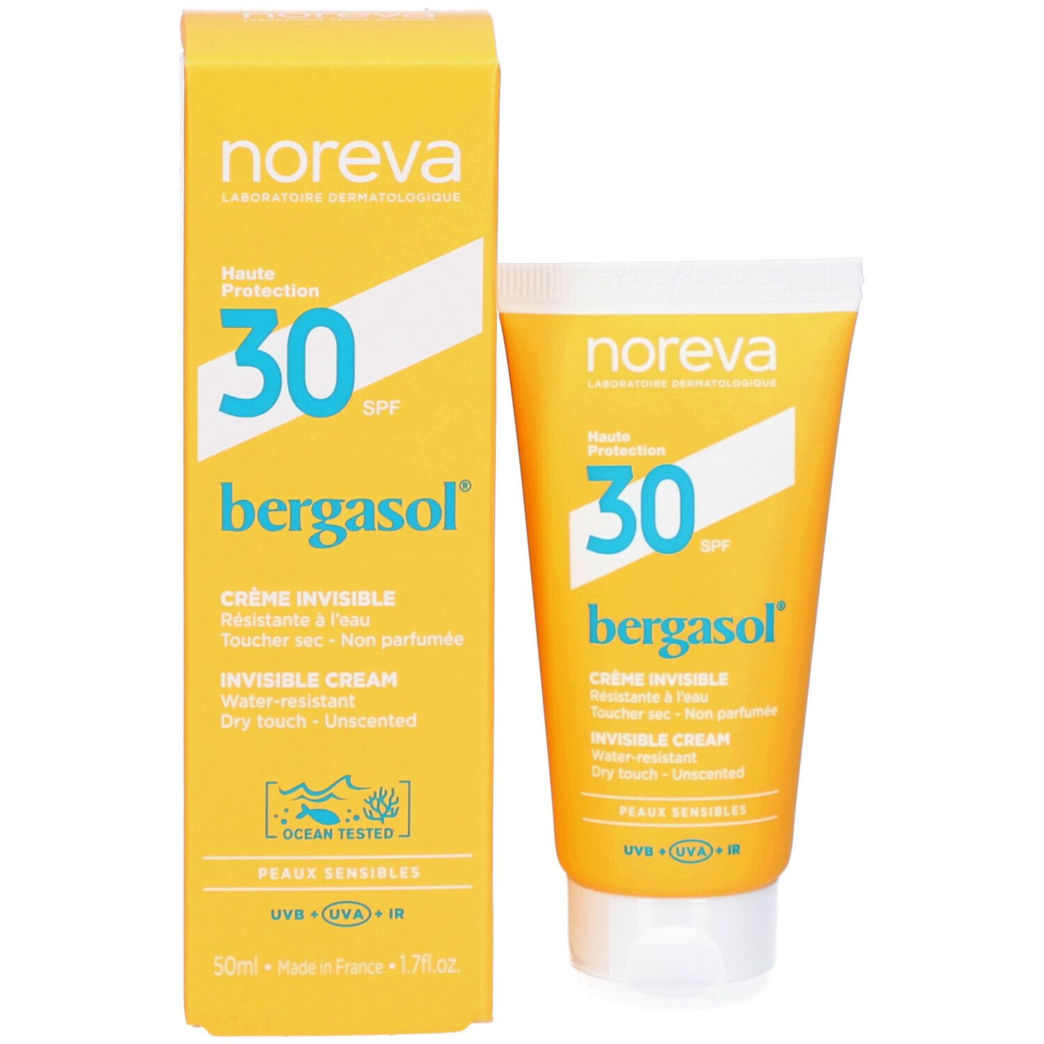 Tube et boîte de crème solaire. Inscriptions : Noreva, SPF 30, bergasol, Crème Invisible. Emballage jaune.