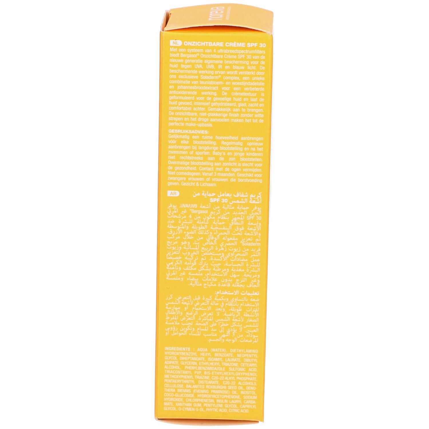 Boîte jaune avec texte. Inscriptions : SPF 30, Crème Invisible. Texte multilingue. Informations fabricant.