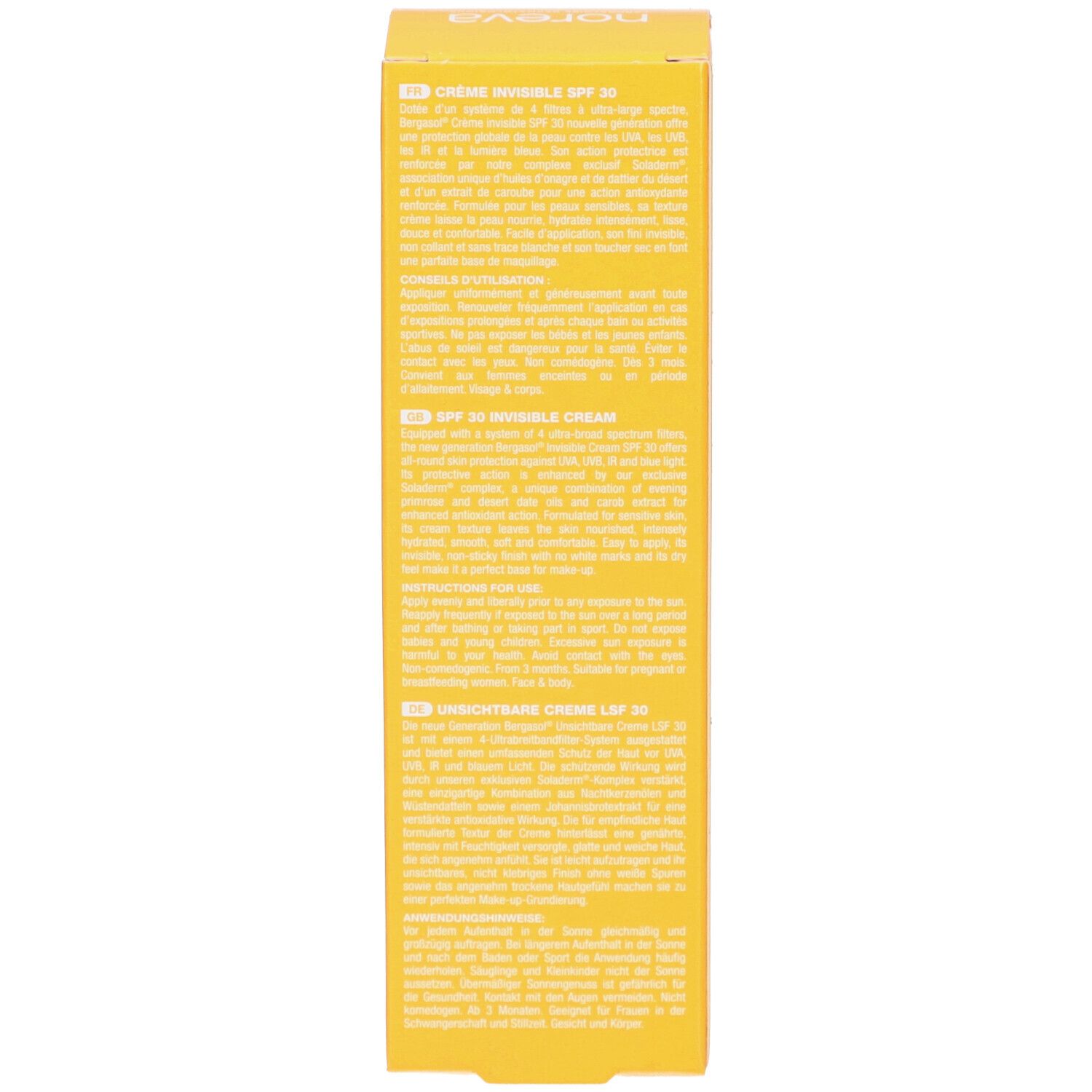 Boîte jaune avec texte. Inscriptions : Crème Invisible SPF 30. Texte multilingue. Informations produit.
