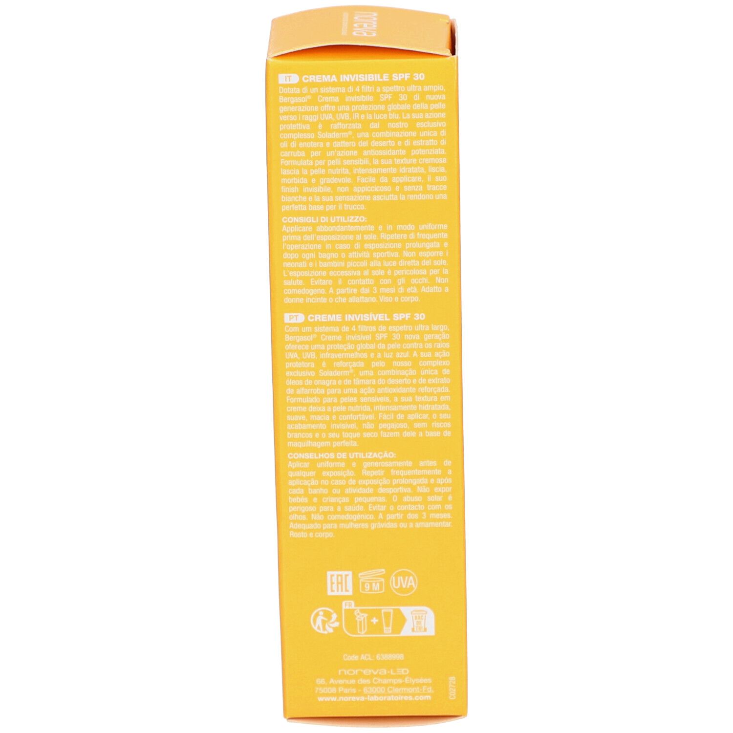 Boîte jaune avec texte. Inscriptions : Crème Invisible SPF 30. Texte multilingue. Informations produit.