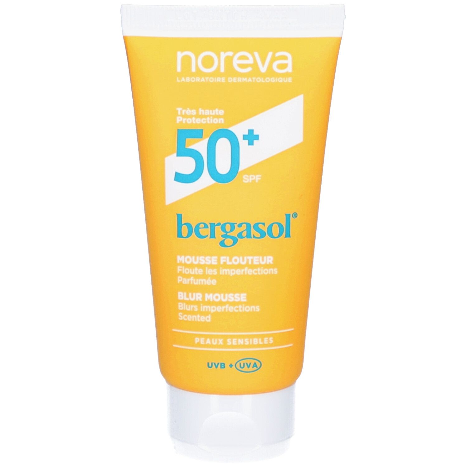 Tube jaune avec bouchon blanc. Inscription : Noreva, 50+ SPF, bergasol, Mousse Flouteur, Blur Mousse, Peaux Sensibles. UVB + UVA.
