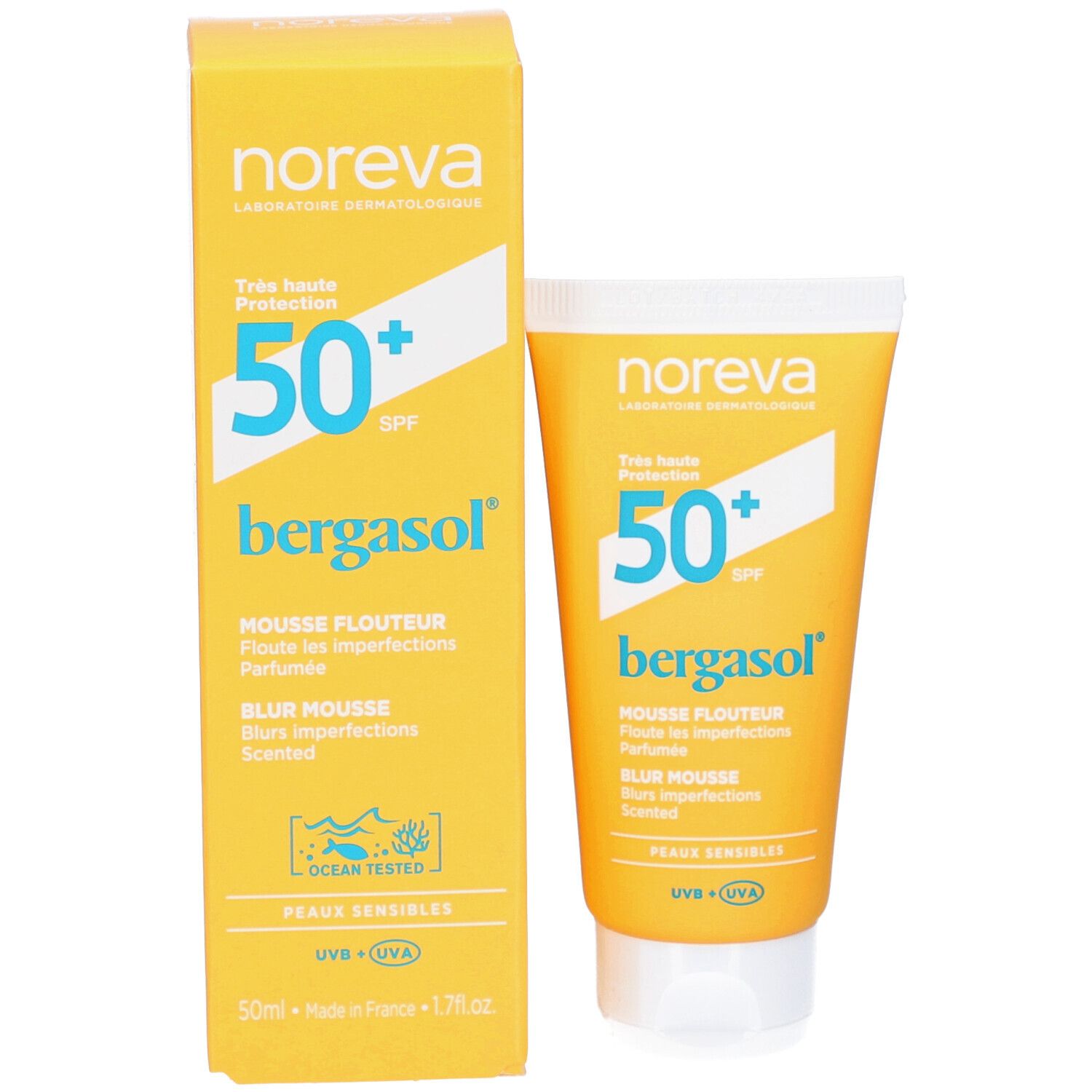 Boîte et tube jaunes. Inscription : Noreva, 50+ SPF, bergasol, Mousse Flouteur, Blur Mousse, Peaux Sensibles. Avec logo 'Ocean Tested'.