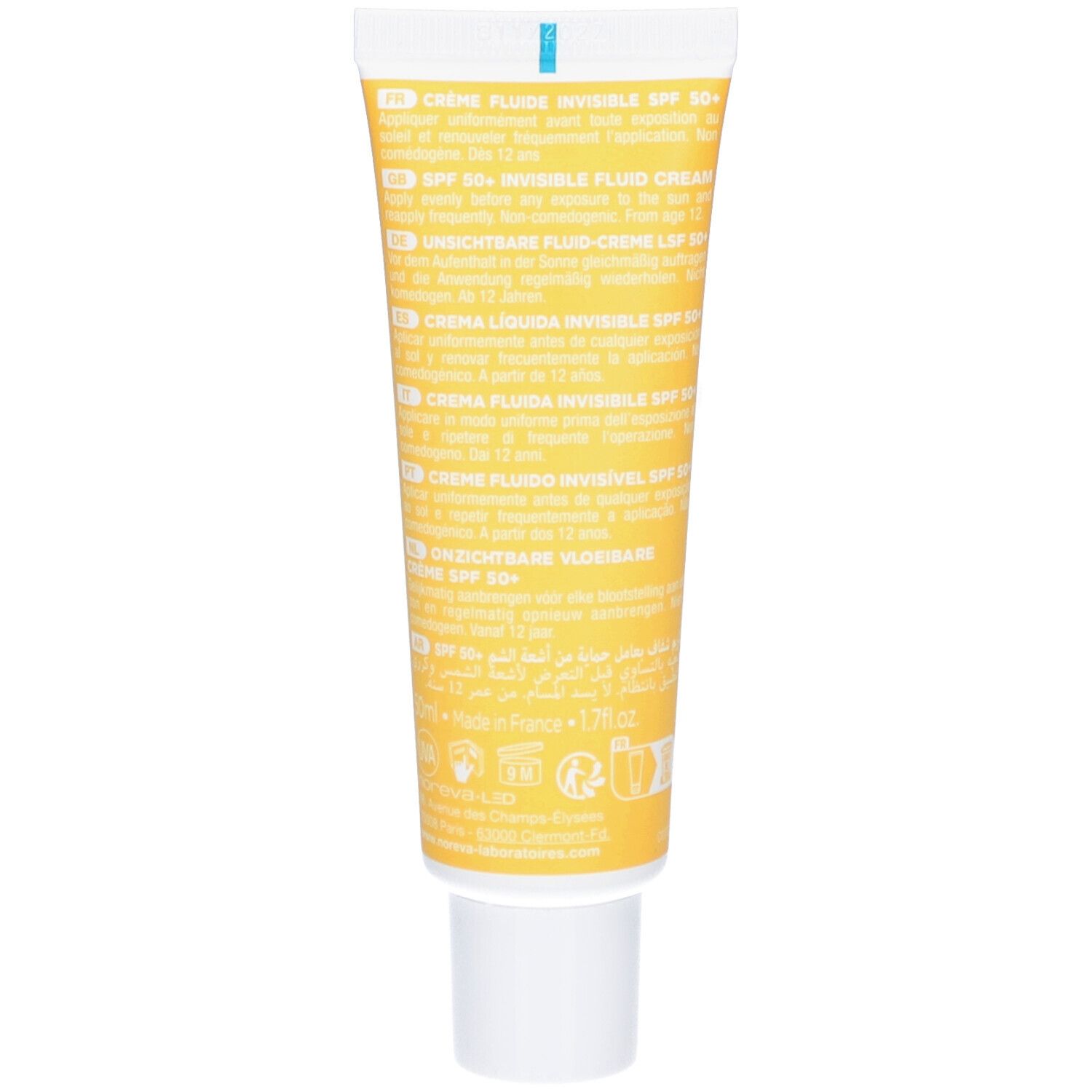 Achterkant van de gele tube. Meertalige productinformatie. Opschrift: Crème Fluide Invisible SPF 50+.