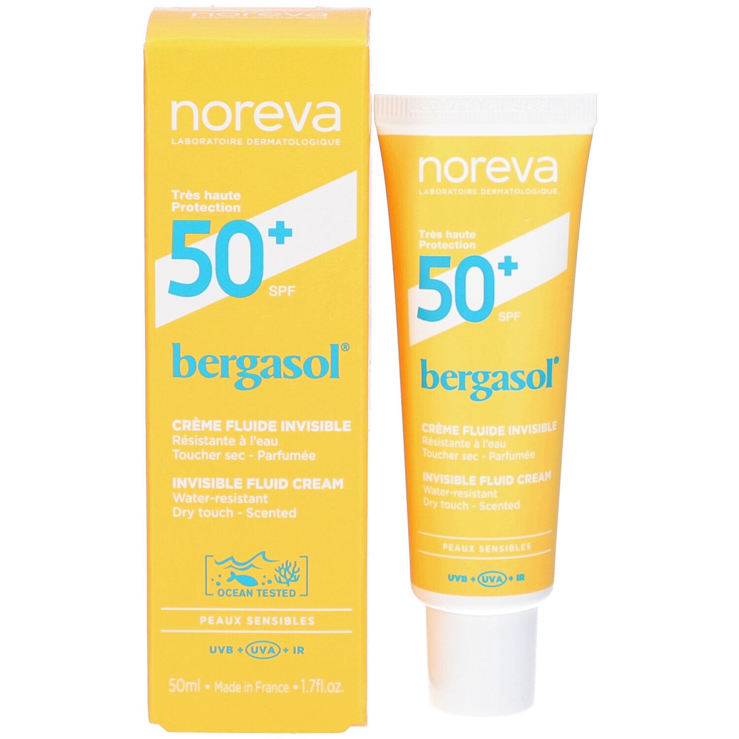 Gele doos en tube. Opschrift: Noreva, SPF 50+, bergasol, Crème Fluide Invisible, Peaux Sensibles. Ocean Tested.