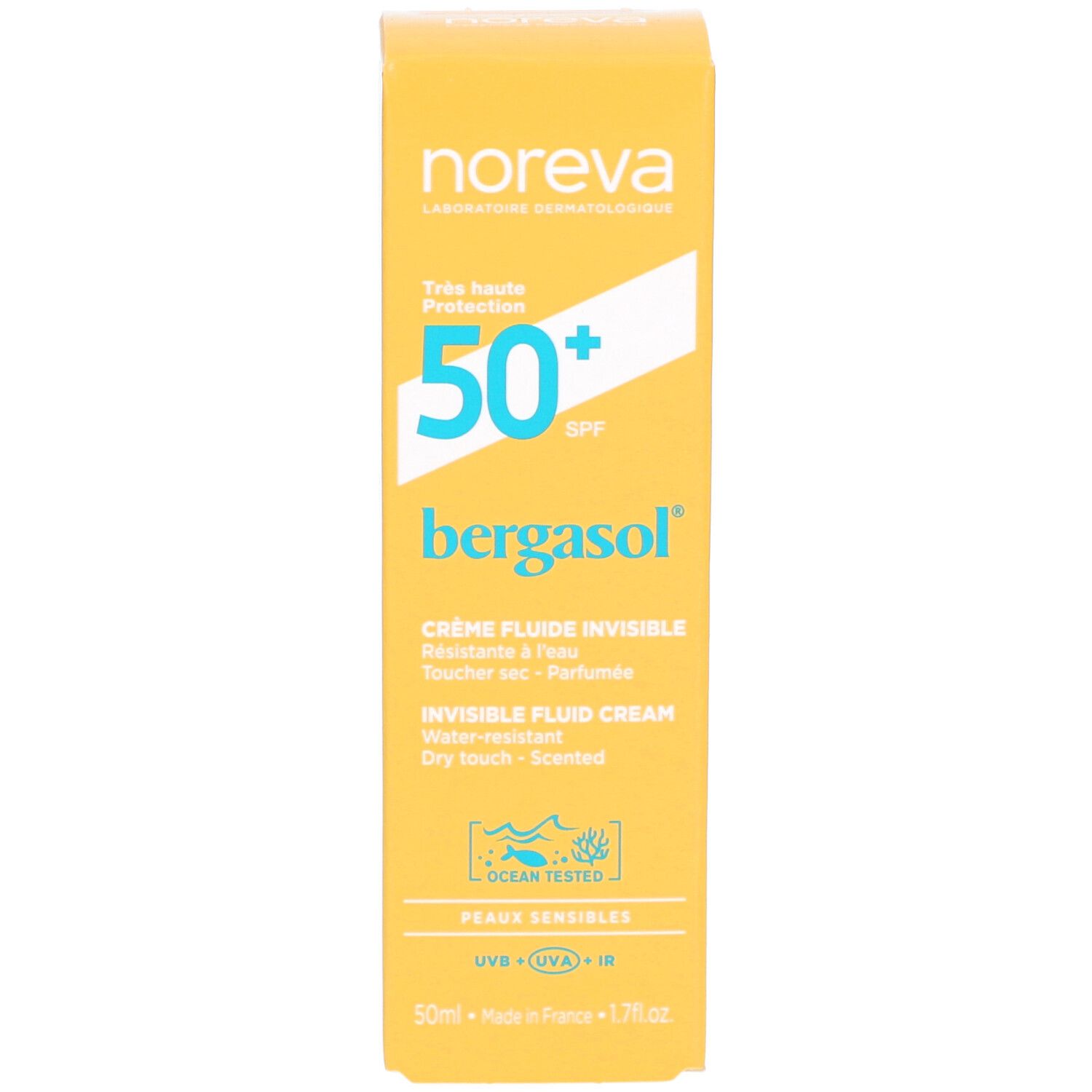 Gele doos. Opschrift: Noreva, SPF 50+, bergasol, Crème Fluide Invisible, Peaux Sensibles. Ocean Tested.