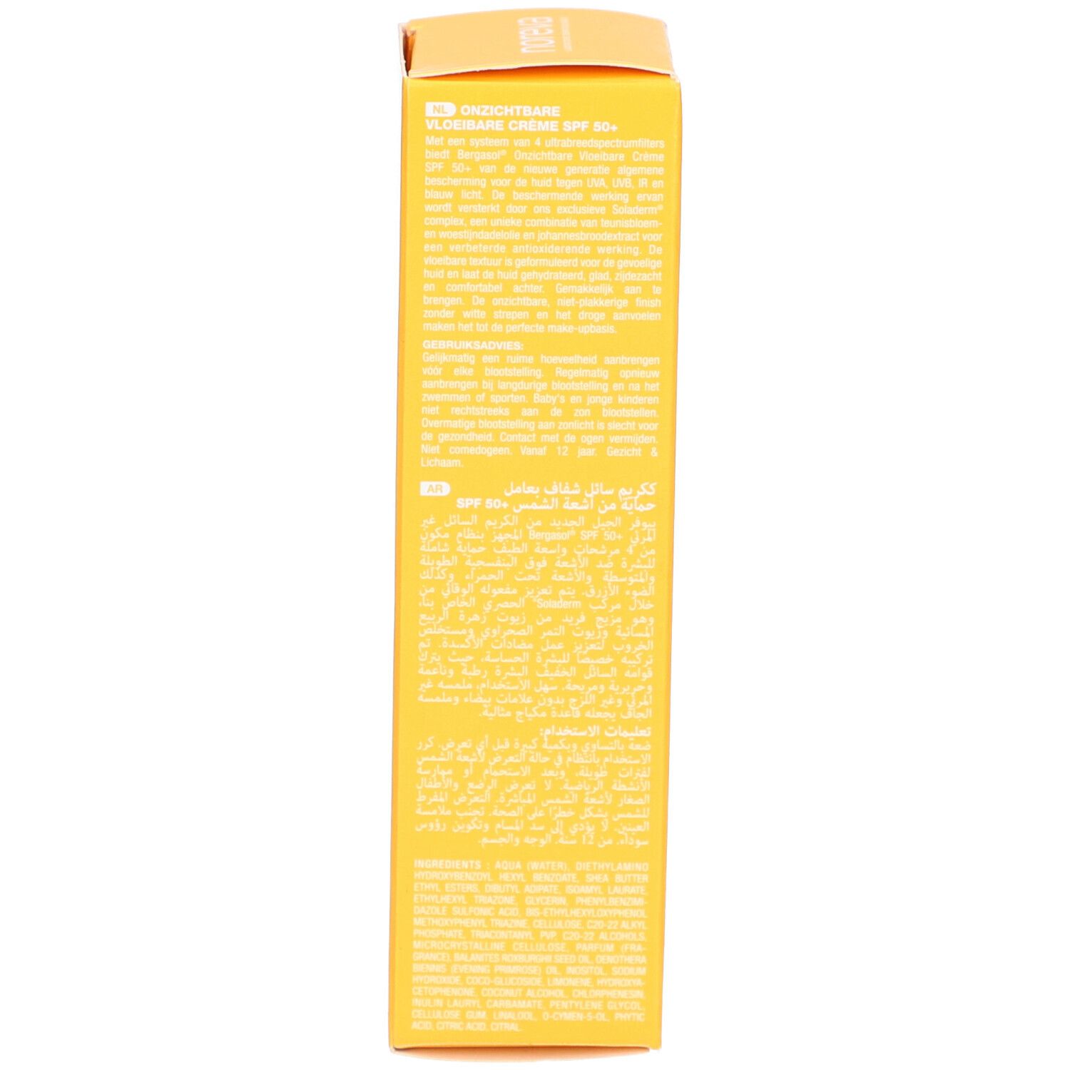 Achterkant van de gele doos. Meertalige productinformatie. Opschrift: Crème Fluide Invisible SPF 50+.