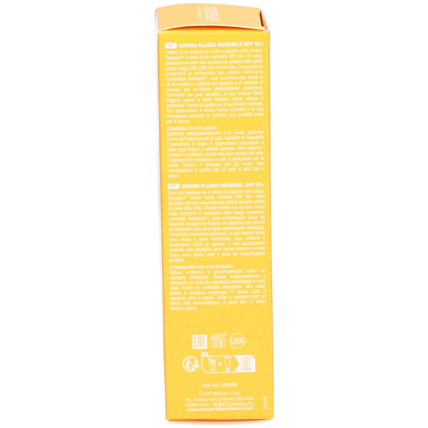 Zijkant van de gele doos. Meertalige productinformatie. Opschrift: Crème Fluide Invisible SPF 50+.