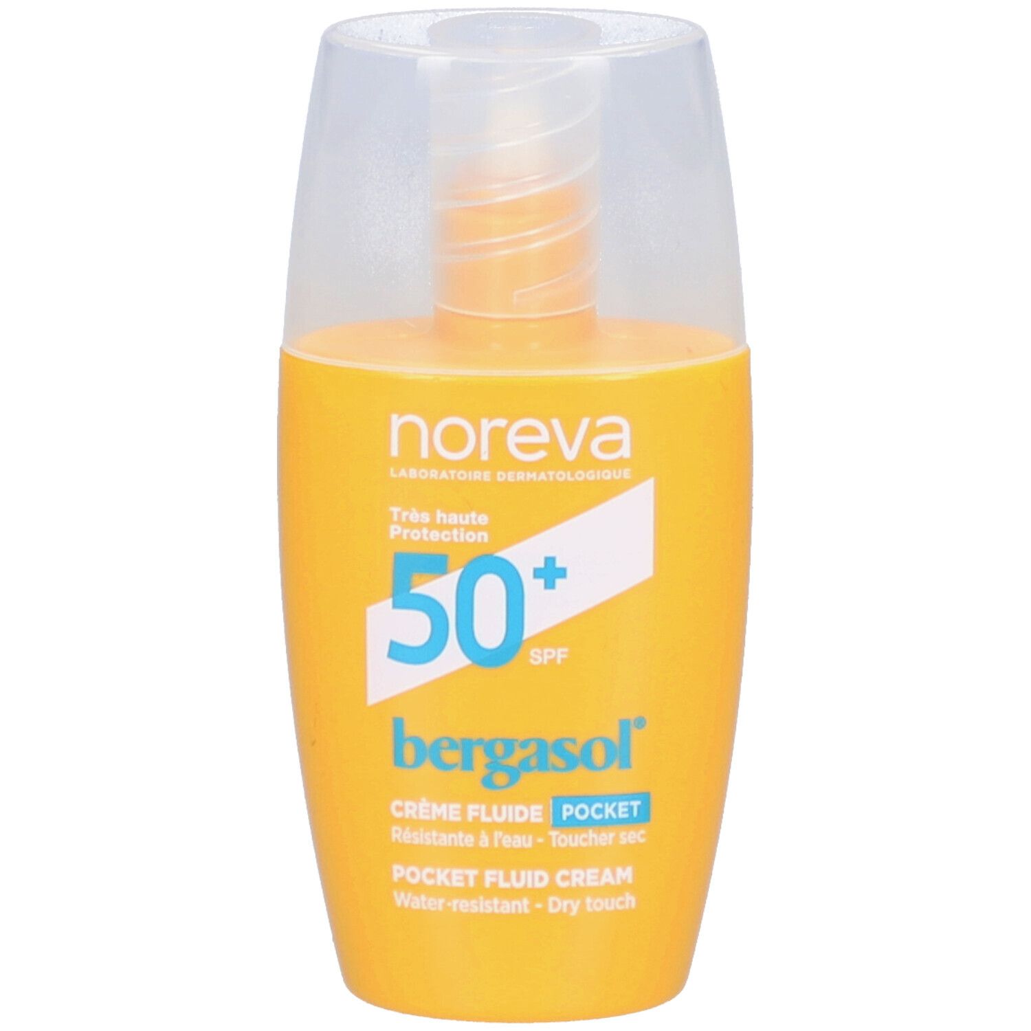 Flacon jaune avec bouchon blanc. Inscription: Noreva, Bergasol, SPF 50+, Crème Fluide Pocket.