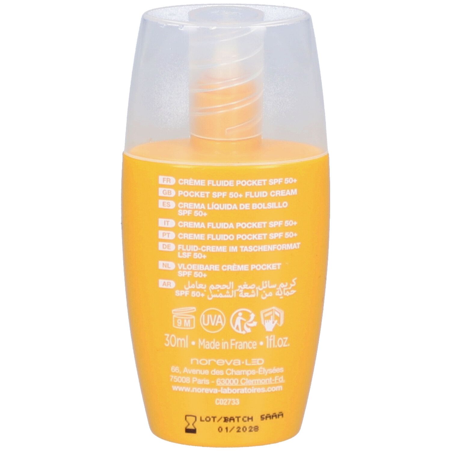 Dos du flacon jaune. Inscription: Noreva, Bergasol, SPF 50+, Crème Fluide Pocket. Informations multilingues.