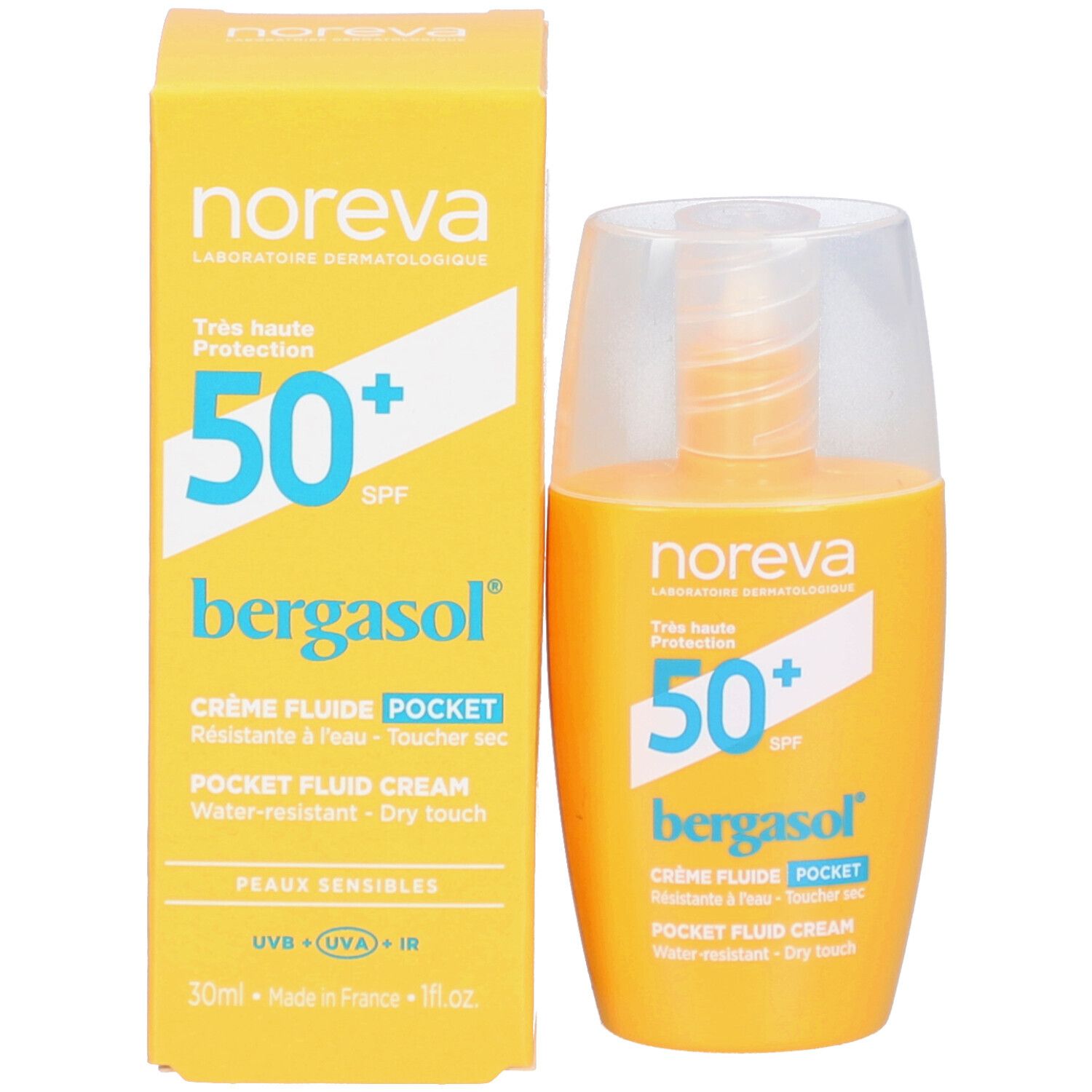 Boîte et flacon jaunes. Inscription: Noreva, Bergasol, SPF 50+, Crème Fluide Pocket. Flacon avec bouchon blanc.
