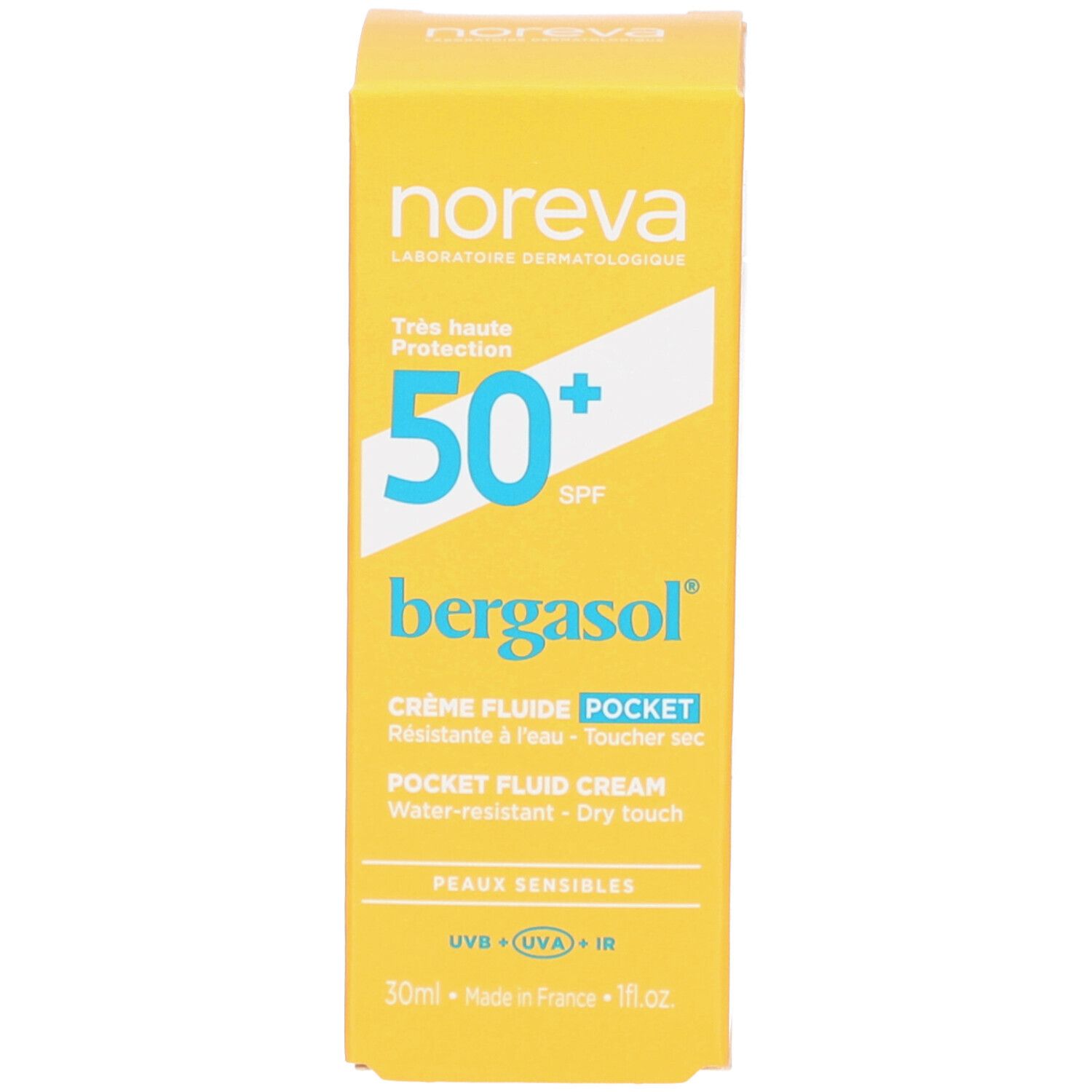 Boîte jaune. Inscription: Noreva, Bergasol, SPF 50+, Crème Fluide Pocket. Informations sur le produit.