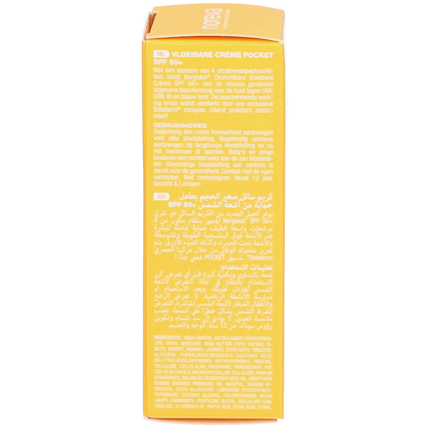 Dos de la boîte jaune. Inscription: Noreva, Bergasol, SPF 50+, Crème Fluide Pocket. Informations multilingues.