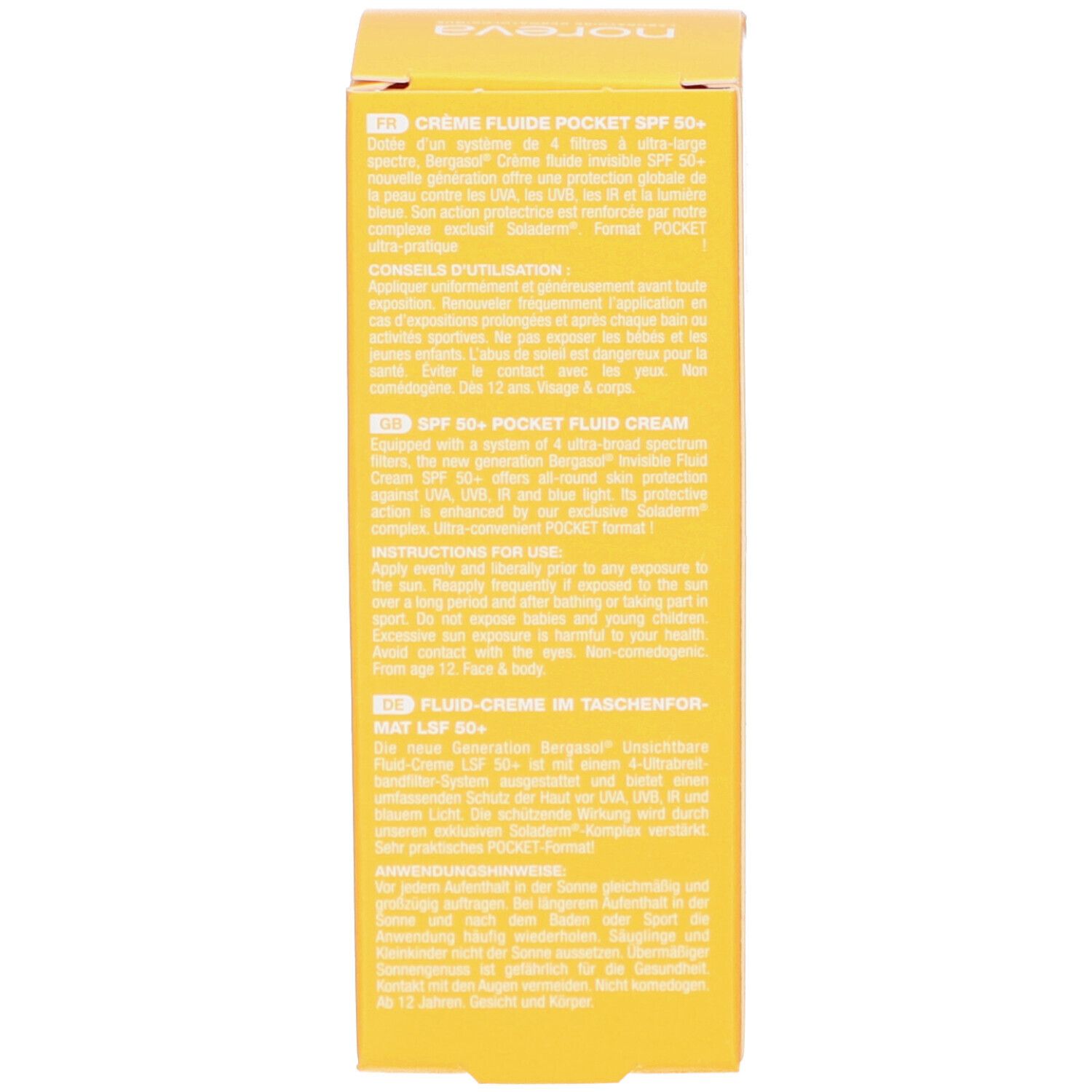 Côté de la boîte jaune. Inscription: Noreva, Bergasol, SPF 50+, Crème Fluide Pocket. Informations multilingues.