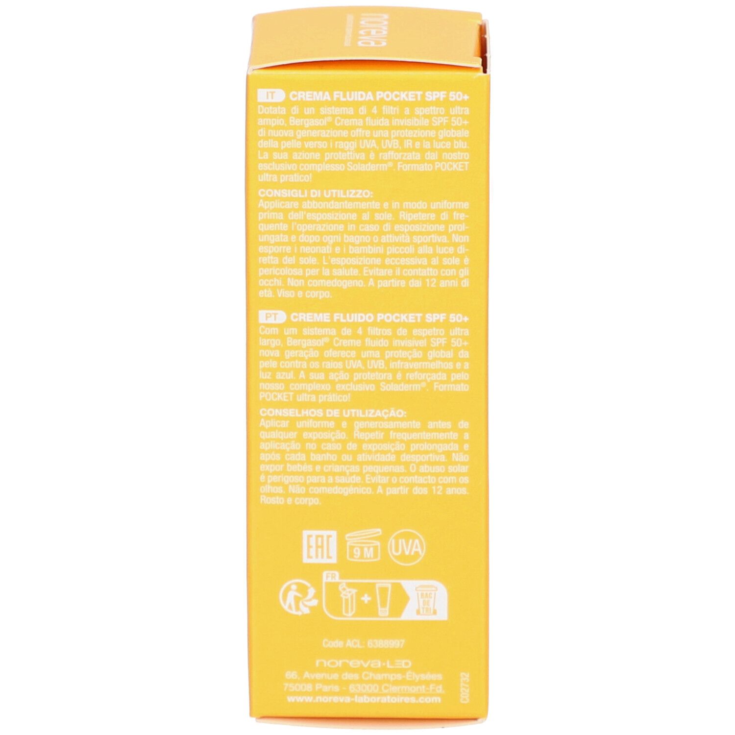 Côté de la boîte jaune. Inscription: Noreva, Bergasol, SPF 50+, Crème Fluide Pocket. Informations multilingues.