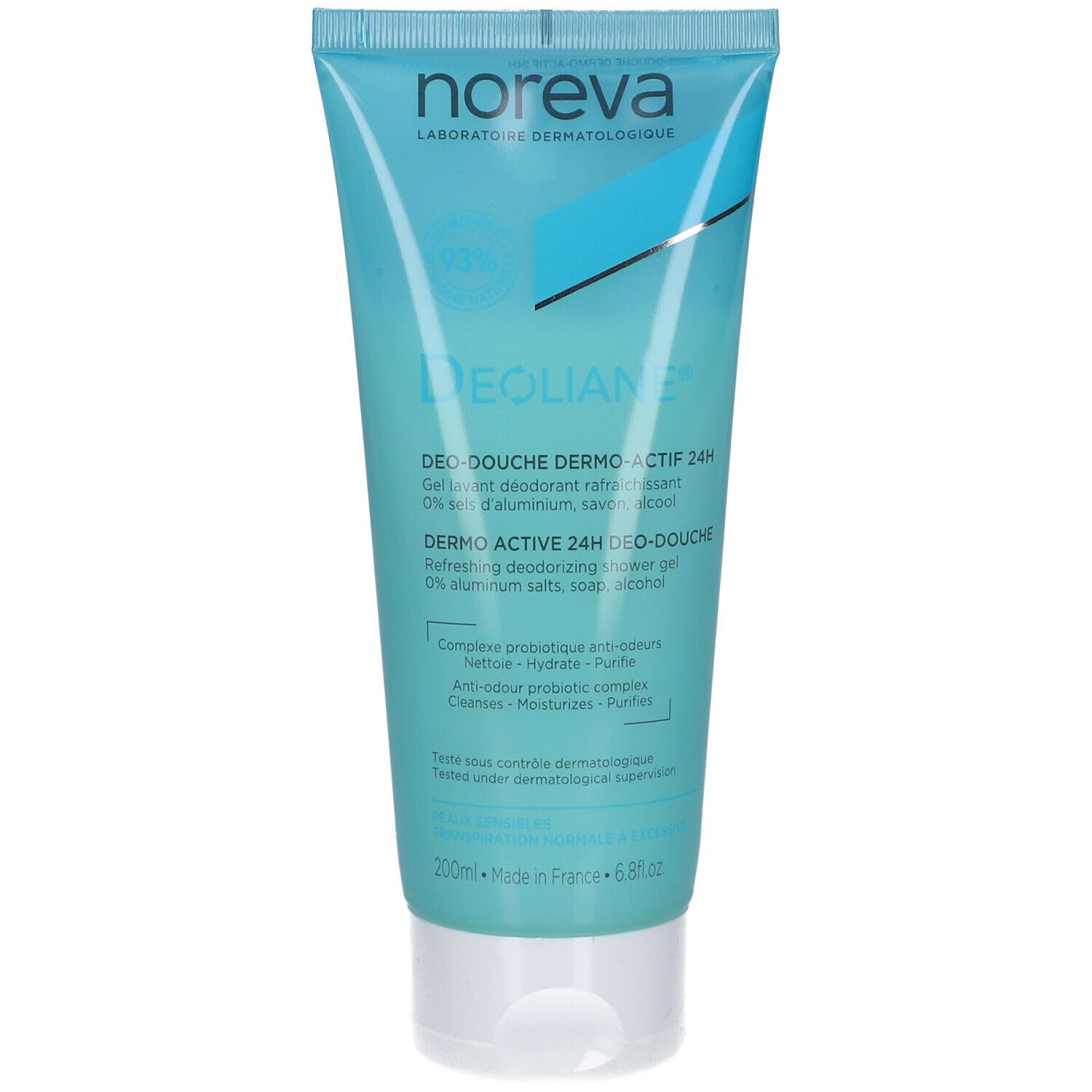 Tube turquoise. Inscription "Noreva" et "Deoliane". Texte "Déo-douche dermo-actif 24h". Testé dermatologiquement.