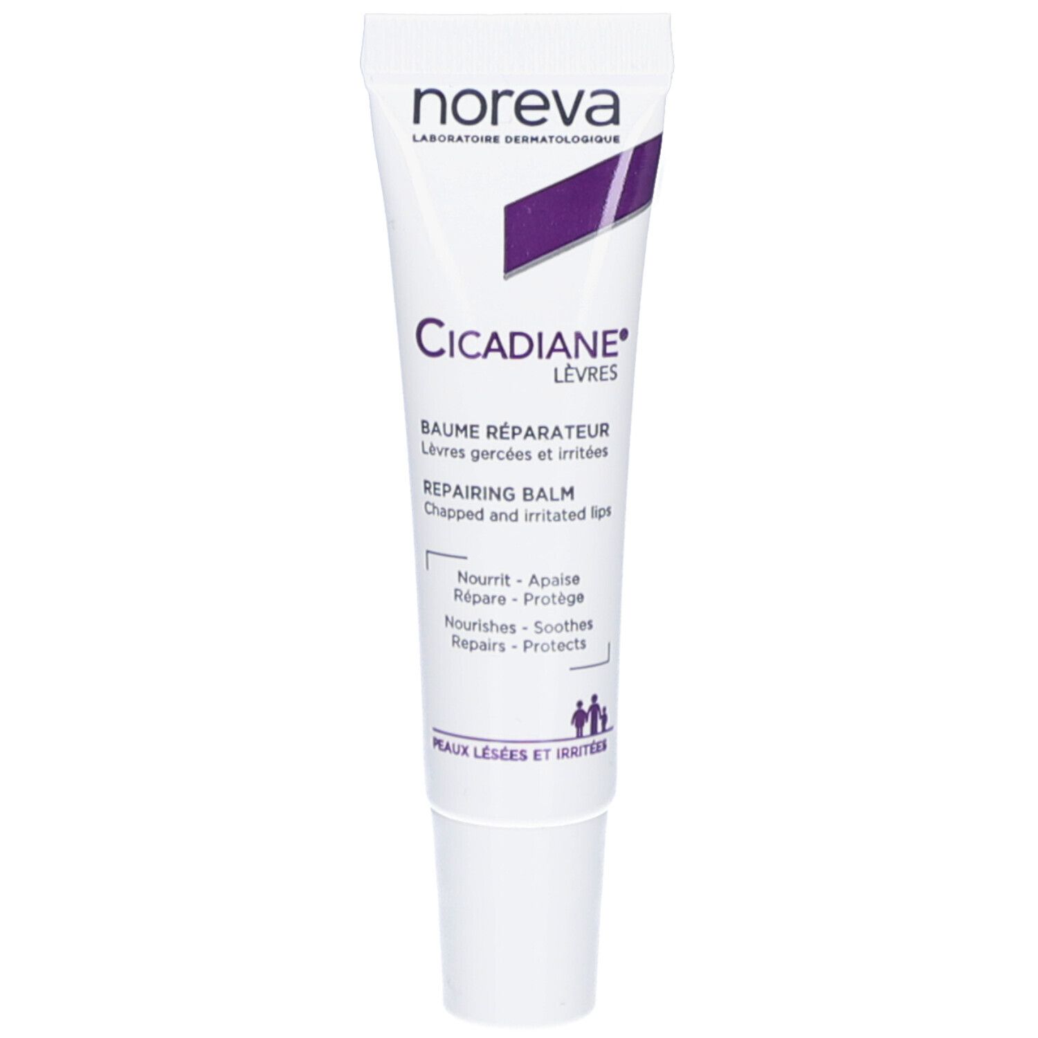 Tube blanc avec accents violets. Texte: Noreva, Cicadiane Lèvres, Baume Réparateur, Repairing Balm. Pour lèvres gercées. Bouchon à vis.