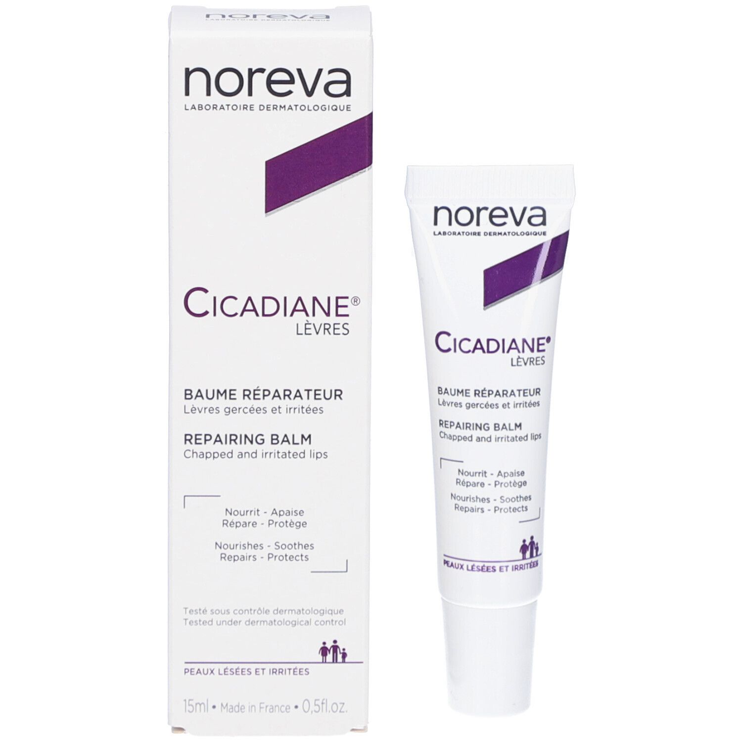 Emballage du produit: tube et boîte. Texte: Noreva, Cicadiane Lèvres, Baume Réparateur, Repairing Balm. Pour lèvres gercées. 15ml.