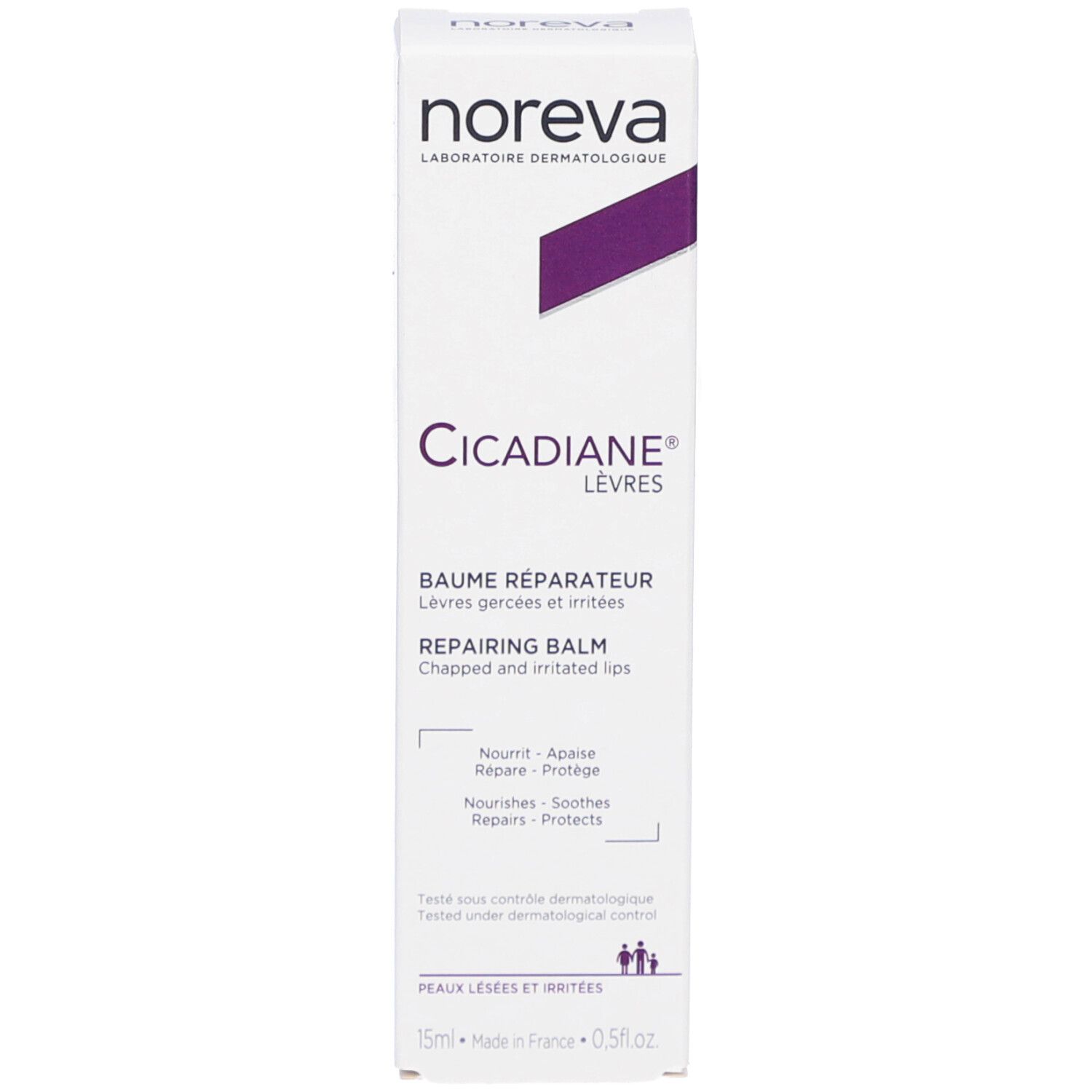 Boîte blanche avec accents violets. Texte: Noreva, Cicadiane Lèvres, Baume Réparateur, Repairing Balm. Pour lèvres gercées. 15ml.