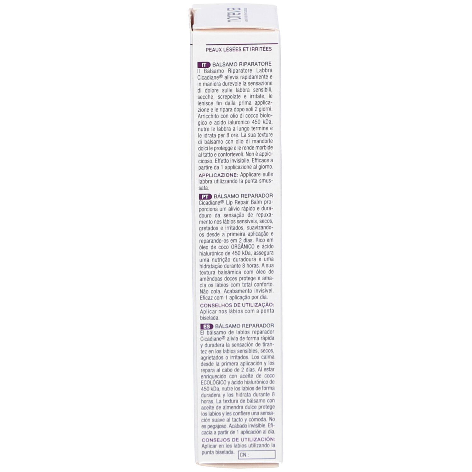 Dos de la boîte. Texte multilingue: utilisation, ingrédients, informations fabricant. Avec pictogrammes.