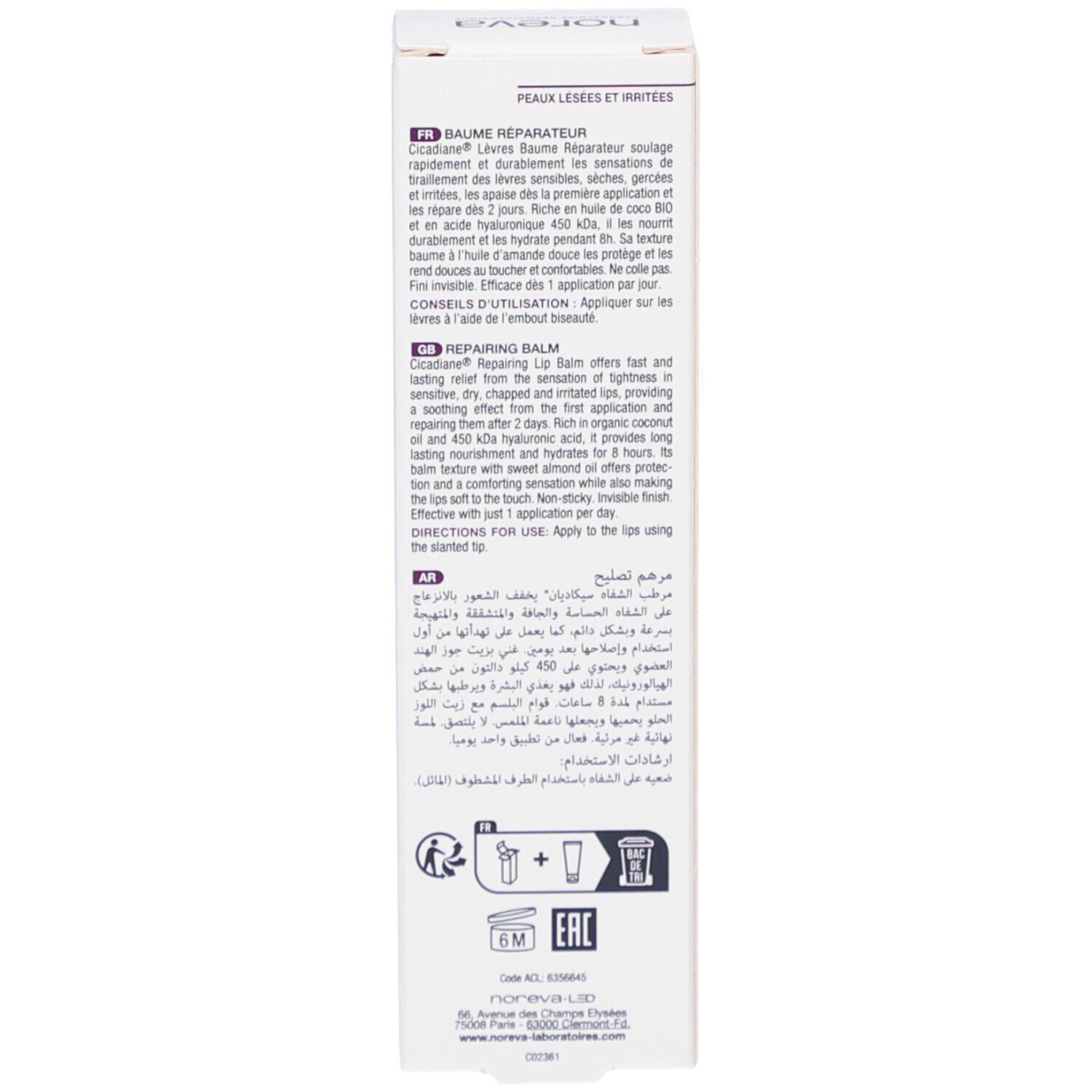 Dos de la boîte. Texte multilingue: utilisation, ingrédients, informations fabricant. Avec pictogrammes.