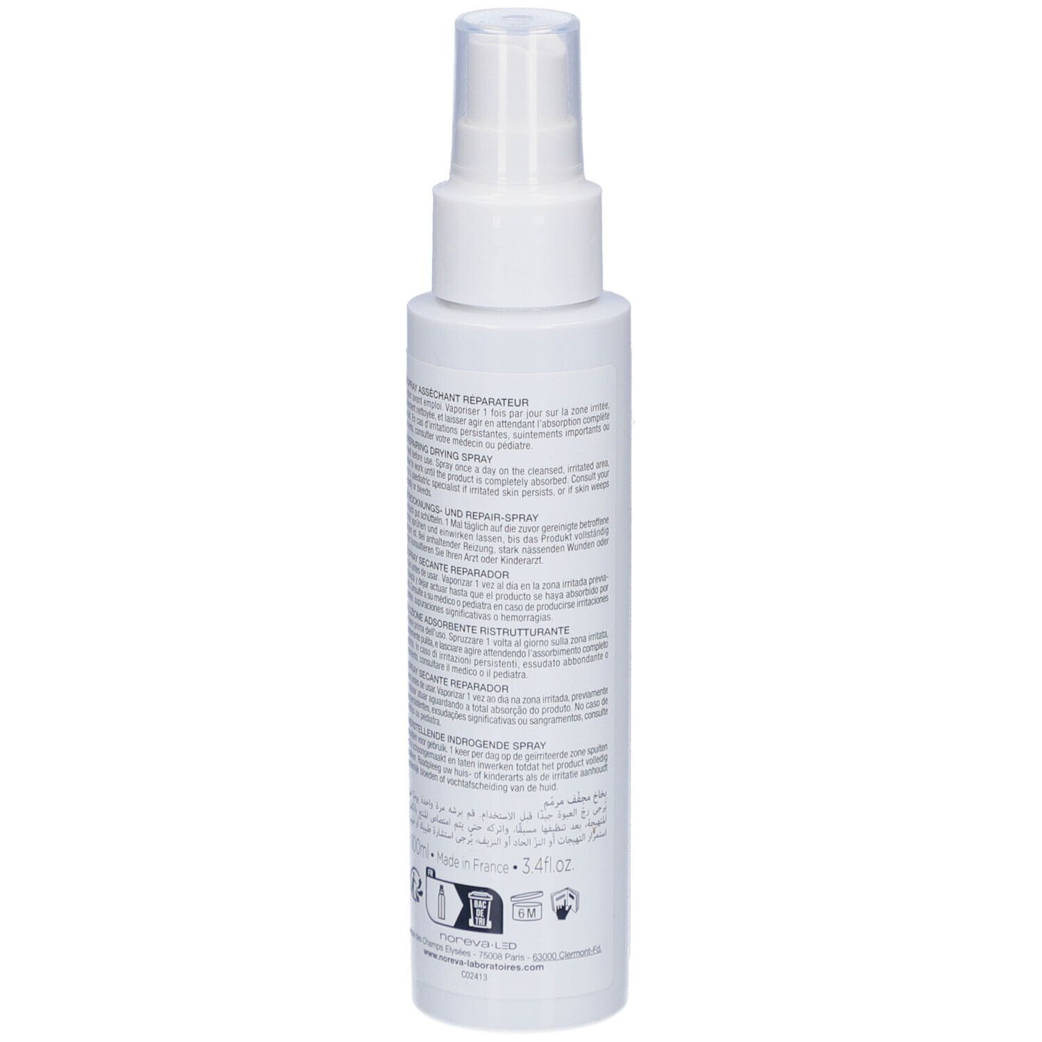 Flacon spray blanc, vue arrière. Texte sur le flacon. Nom du produit: Cicadiane Spray. Fabricant: Noreva. Pour visage, corps, siège.