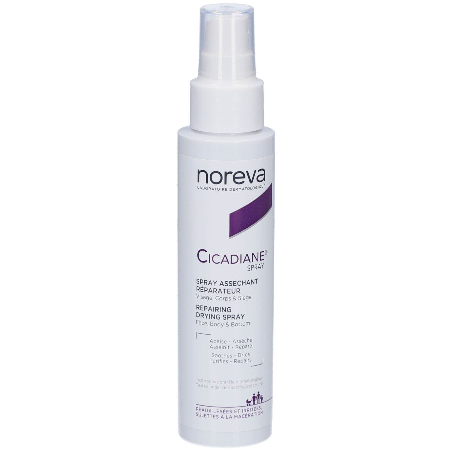 Flacon spray blanc avec accent violet. Texte: Noreva, Cicadiane Spray. Pour visage, corps et siège. Asséchant, réparateur.