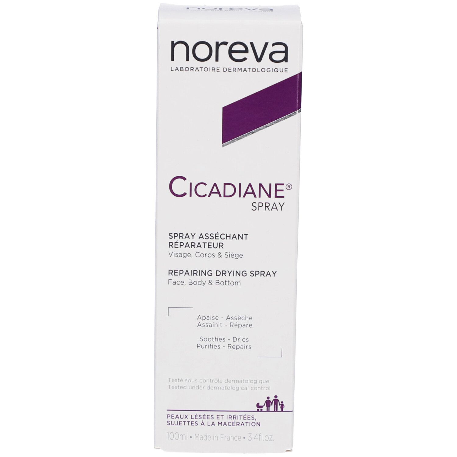 Emballage du produit. Texte: Noreva, Cicadiane Spray. Pour visage, corps et siège. Asséchant, réparateur. Accent violet.