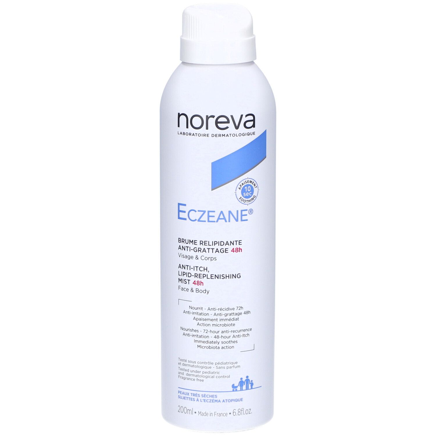 Flacon spray blanc avec nom du produit et marque bleue. Texte: Anti-démangeaisons, relipidant, 48h. Marque: Noreva.