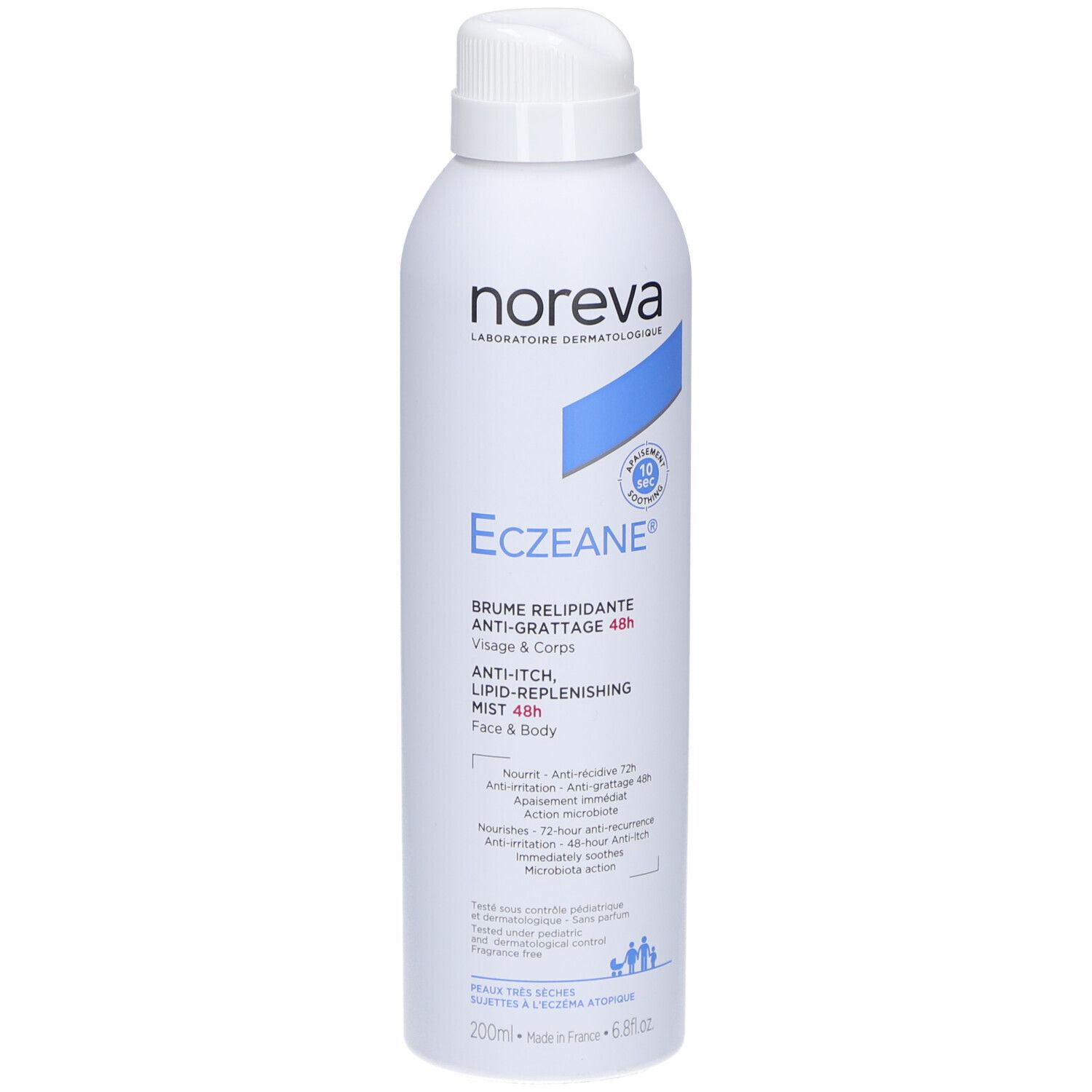 Flacon spray blanc avec nom du produit et marque bleue. Texte: Anti-démangeaisons, relipidant, 48h. Marque: Noreva.