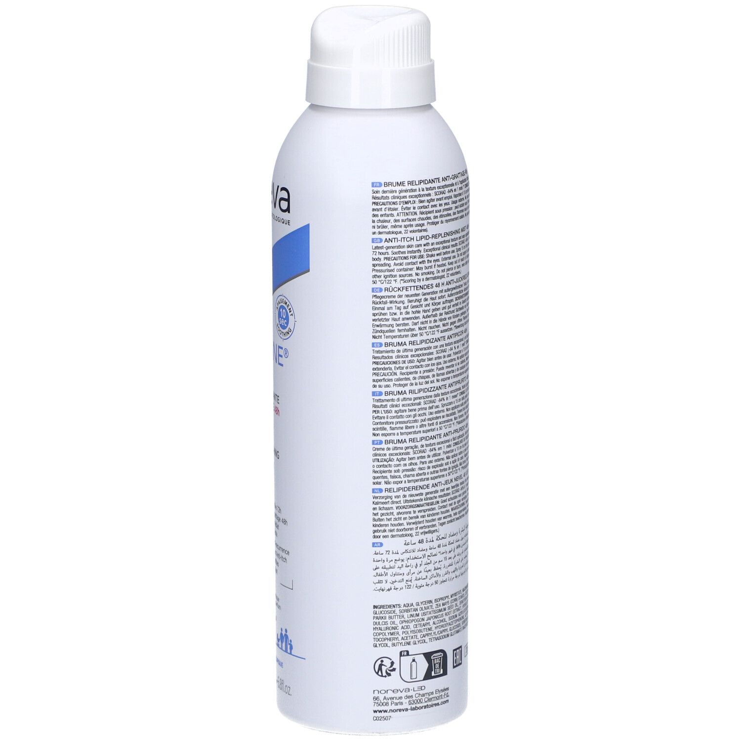 Flacon spray blanc, vue latérale. Texte et informations sur l'étiquette. Marque: Noreva. Produit: Eczeane Brume Relipidante.