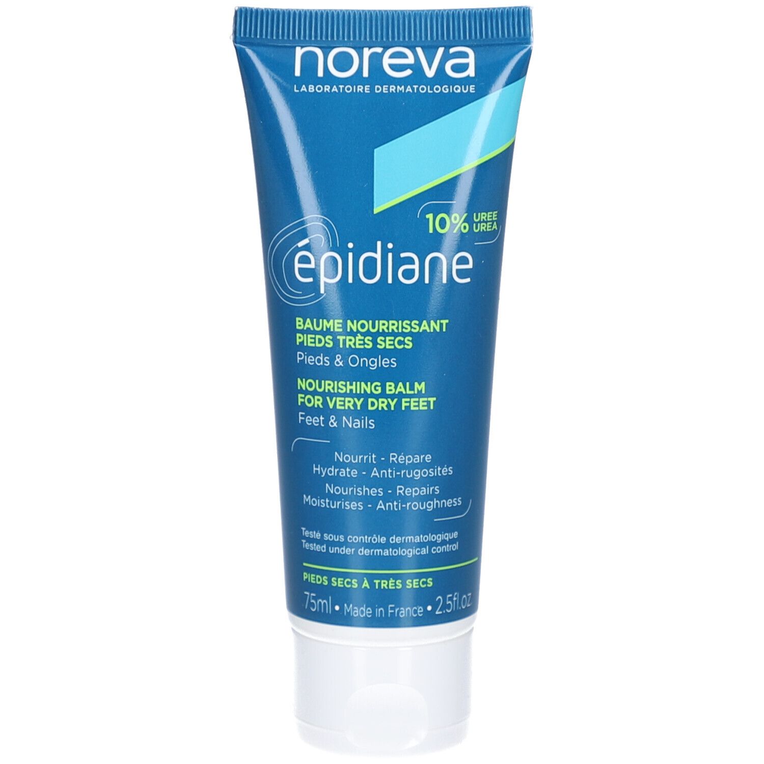 Tube bleu avec bouchon blanc. Inscription: Epidiane, 10% Urée, Baume Nourrissant, Pieds Très Secs, 75ml. Texte en français et anglais.