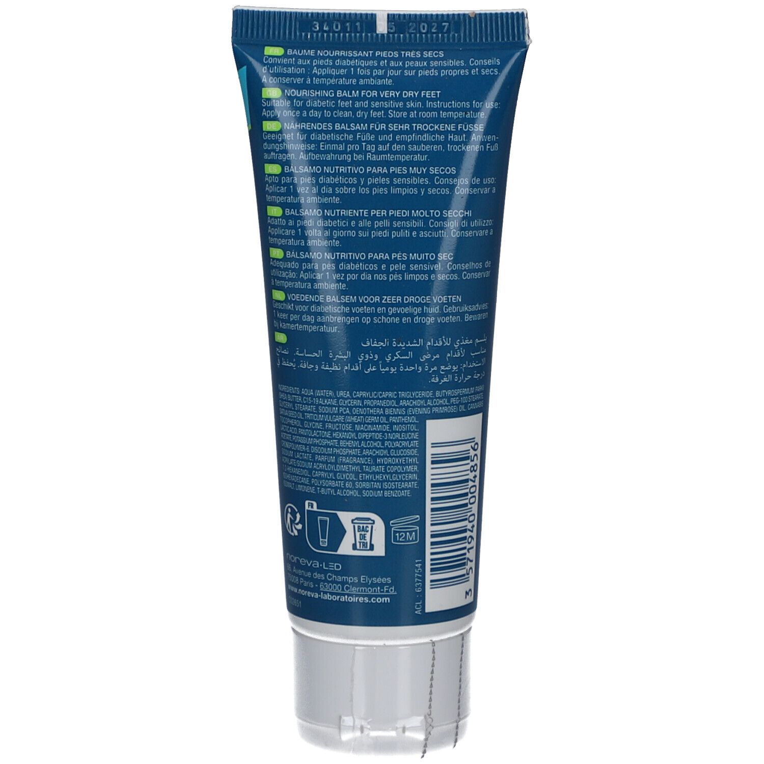 Dos du tube bleu. Texte multilingue. Contient des informations sur l'utilisation et les ingrédients. Bouchon blanc.