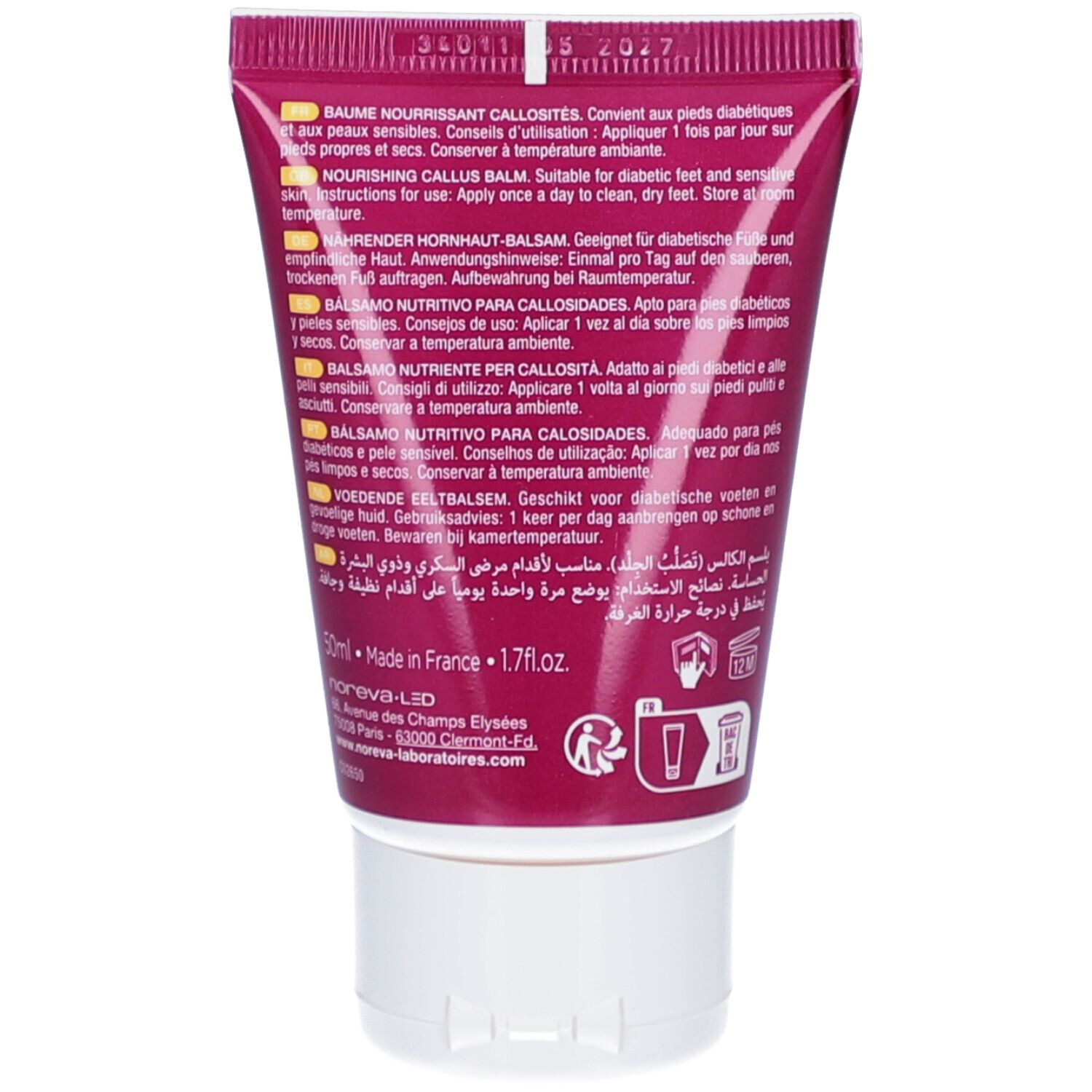 Dos du tube. Texte multilingue. Nom du produit, mode d'emploi, ingrédients. Bouchon blanc.