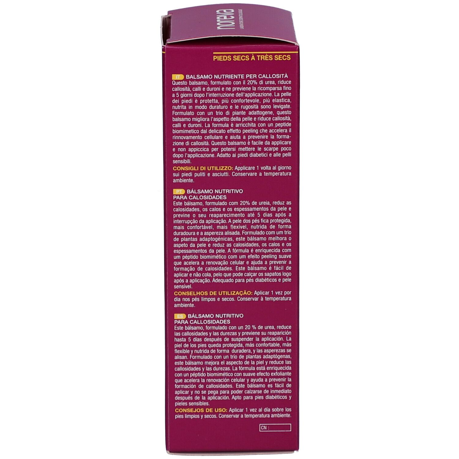 Côté de la boîte. Texte multilingue. Nom du produit, mode d'emploi. Rose, texte blanc.