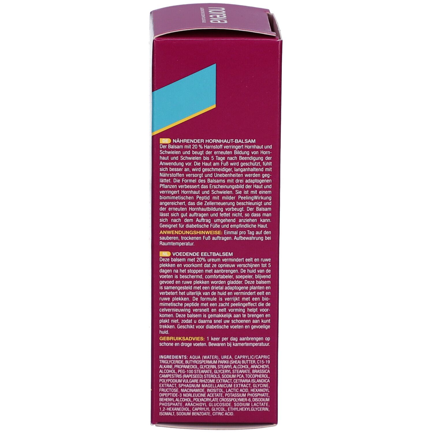 Côté de la boîte. Texte multilingue. Nom du produit, mode d'emploi, ingrédients. Rose.