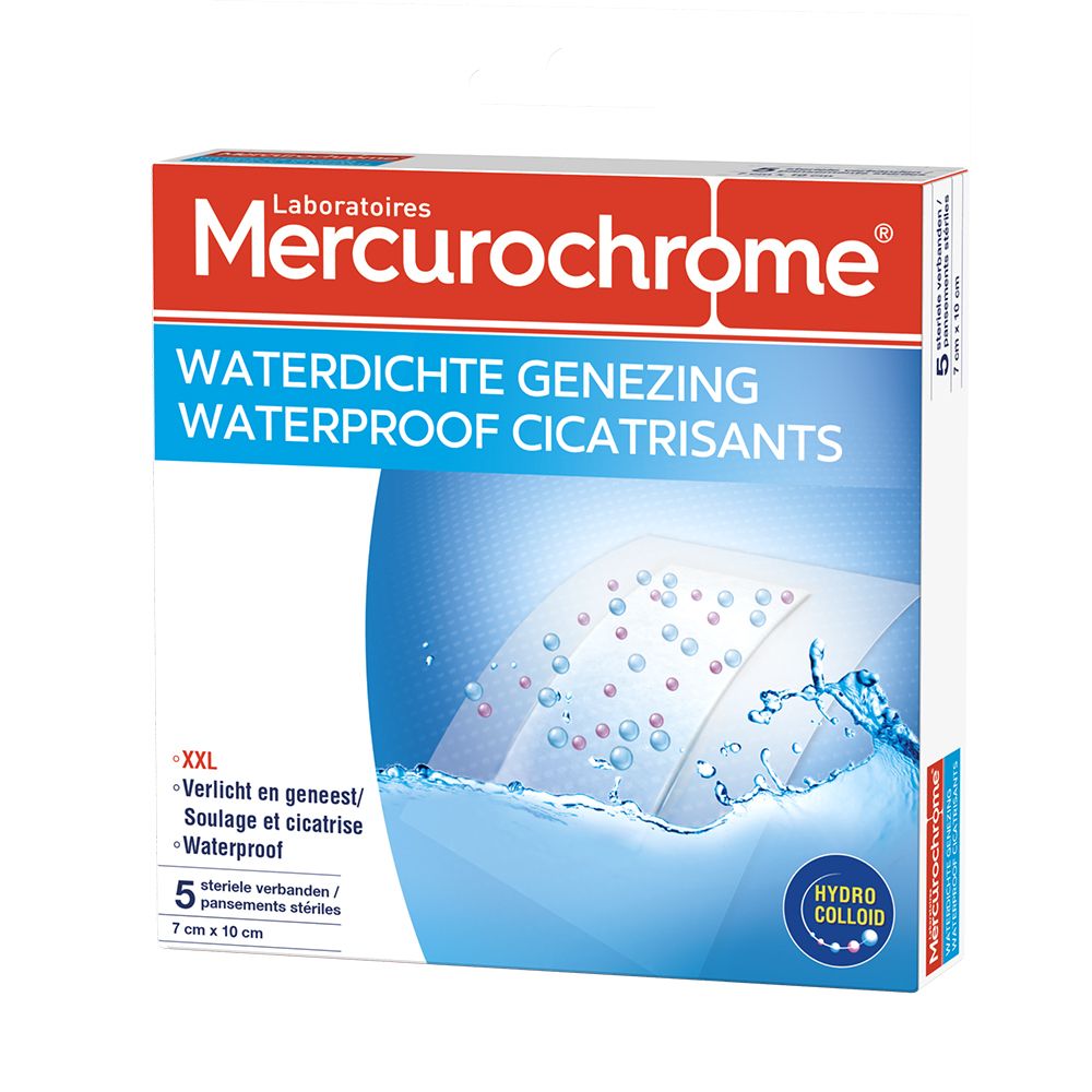 Boîte de pansements Mercurochrome, waterproof, XXL. 5 pansements stériles, 7 cm x 10 cm. Hydrocolloïde.