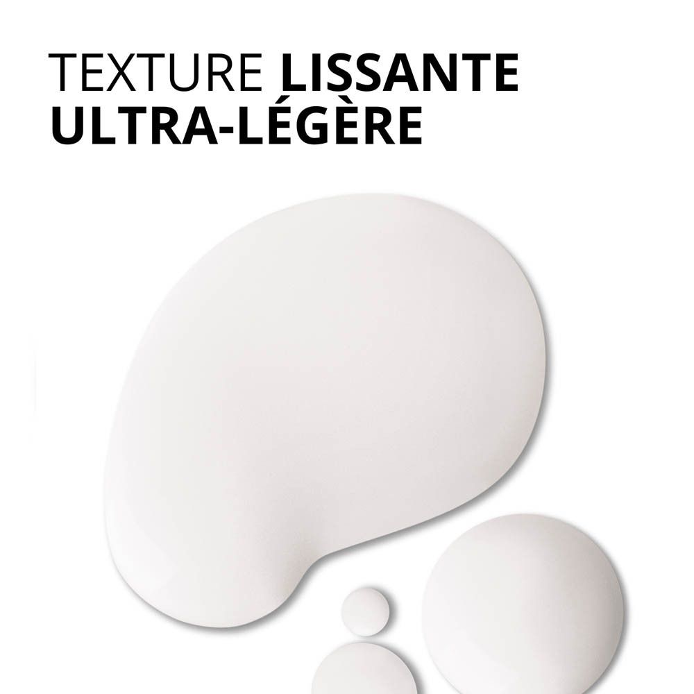 Texture crémeuse blanche. Trois gouttes sur fond blanc. Texte: Texture lissante ultra-légère.