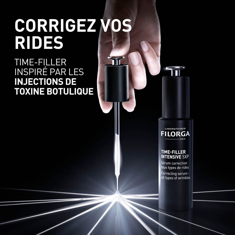 Sérum Filorga Time-Filler Intensive 5XP et applicateur. Fond noir. Texte: Corrigez vos rides.