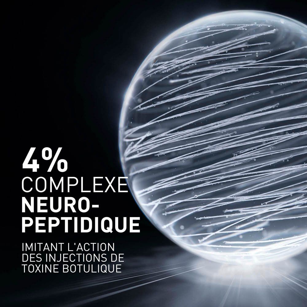Sphère avec lignes blanches. Texte: 4% Complexe Neuro-Peptidique. Imitant l'action des injections de toxine botulique.