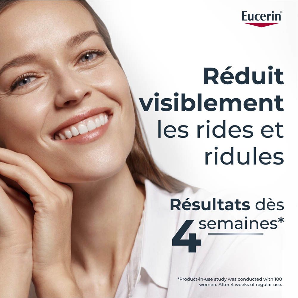 Femme souriante. Texte: Réduit visiblement les rides et ridules. Résultats dès 4 semaines.