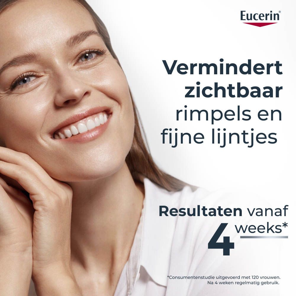 Vrouw lacht. Tekst: Vermindert zichtbaar rimpels en fijne lijntjes. Resultaten vanaf 4 weken.