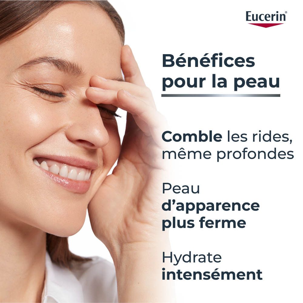 Femme touchant son visage. Texte: Bénéfices pour la peau. Comble les rides, hydrate intensément.