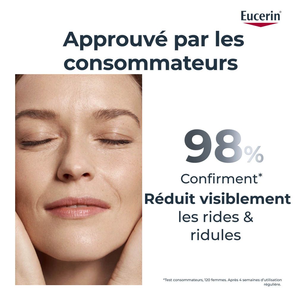 Femme touchant son visage. Texte: Approuvé par les consommateurs. Réduit visiblement les rides.
