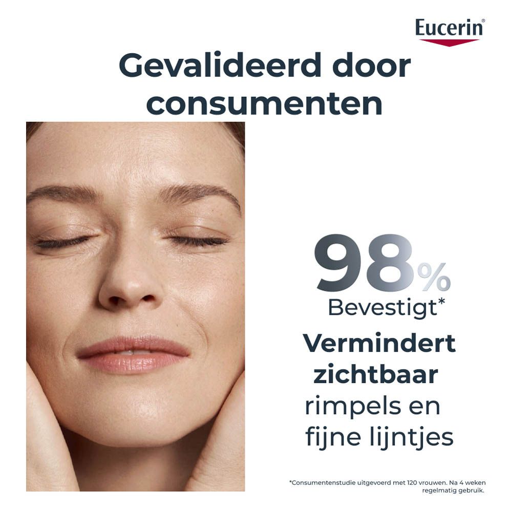 Vrouw raakt haar gezicht aan. Tekst: Gavalideerd door consumenten. Vermindert zichtbaar rimpels.