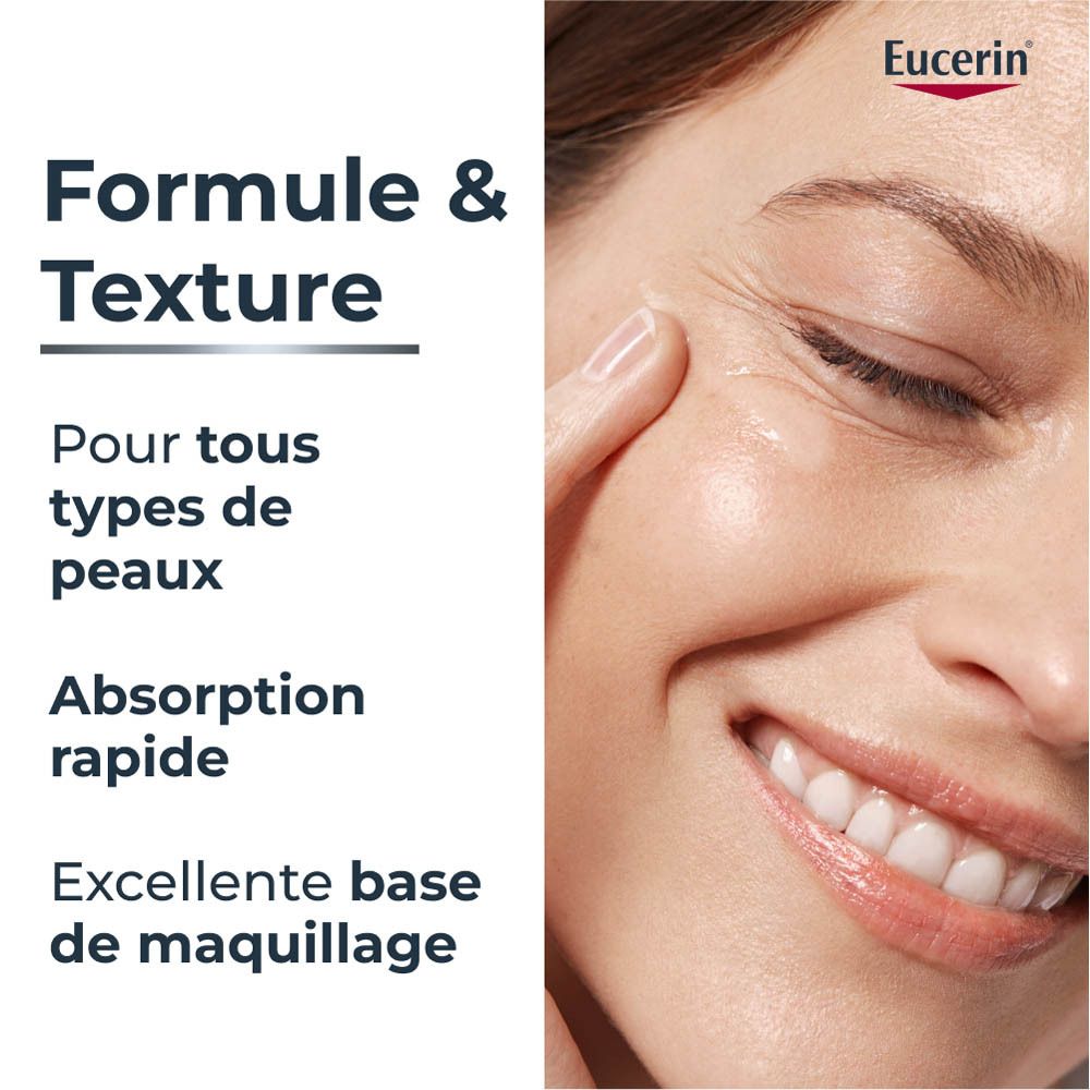 Femme touchant son visage. Texte: Formule & Texture. Pour tous types de peaux. Absorption rapide.