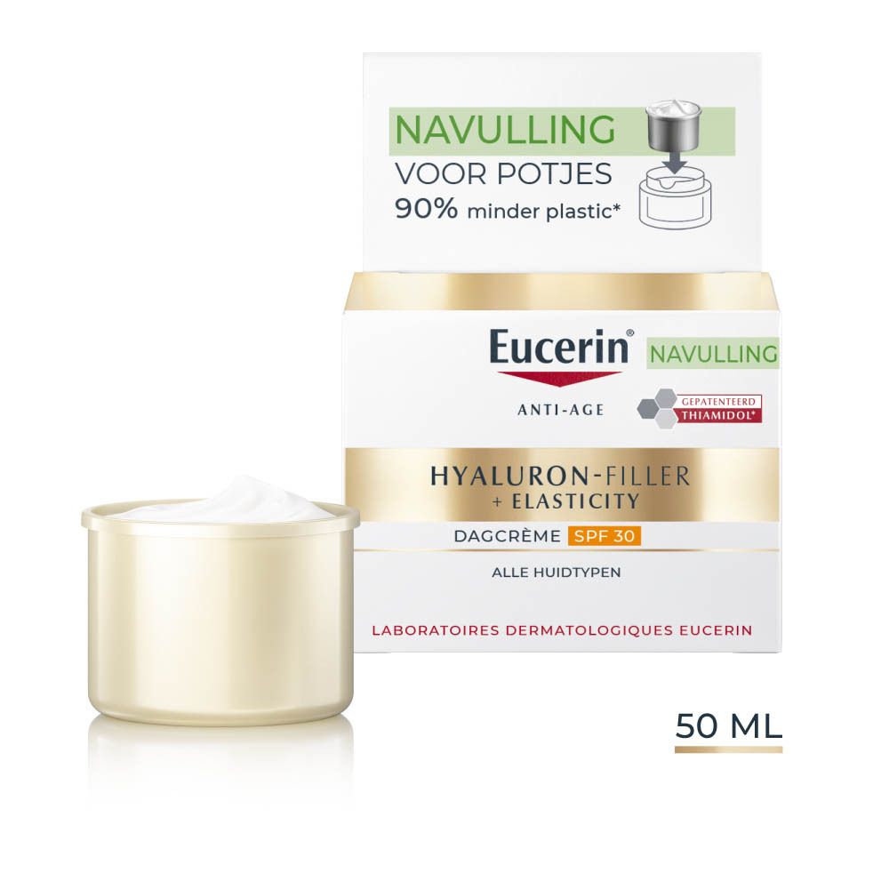 Eucerin Hyaluron-Filler + Elasticity Dagcrème SPF 30. Potje crème en open verpakking.