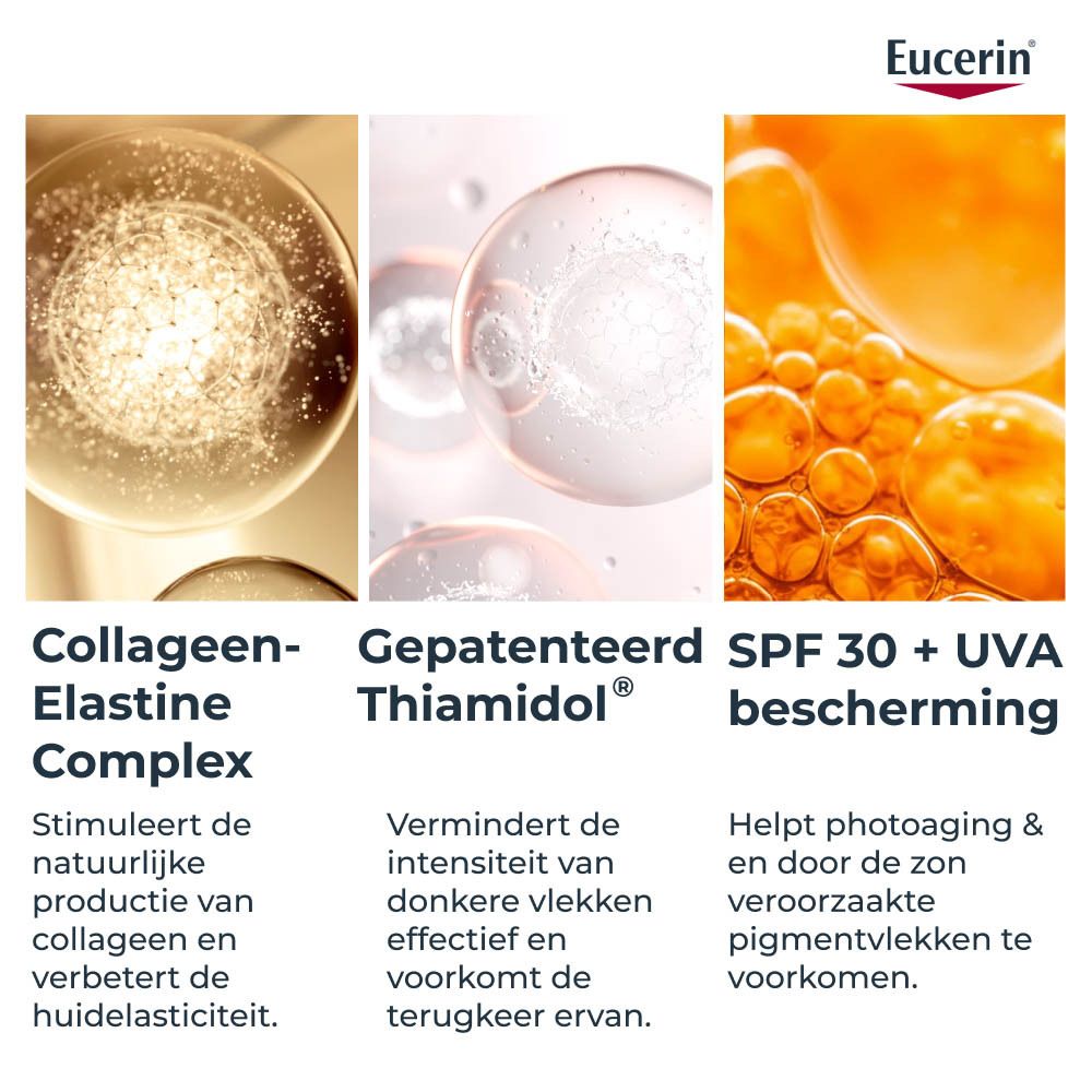 Close-up van bollen. Tekst: Collageen-Elastine Complex, Gepatenteerd Thiamidol, SPF 30 + UVA.
