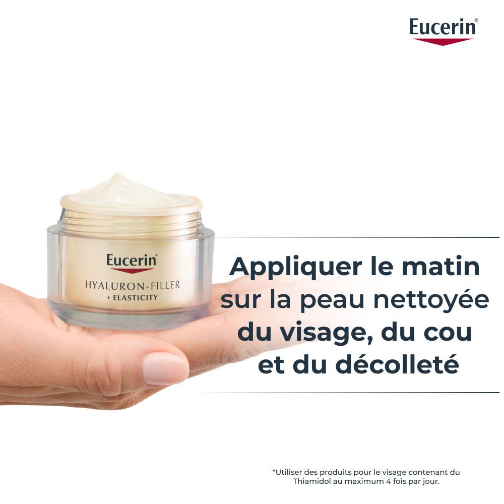 Main tenant un pot Eucerin Hyaluron-Filler + Elasticity. Texte: Appliquer le matin.